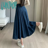 Lunivop New Women Spring Summer Vintage Pleated Skirt Fashion High Waist All-Match A-Line Denim